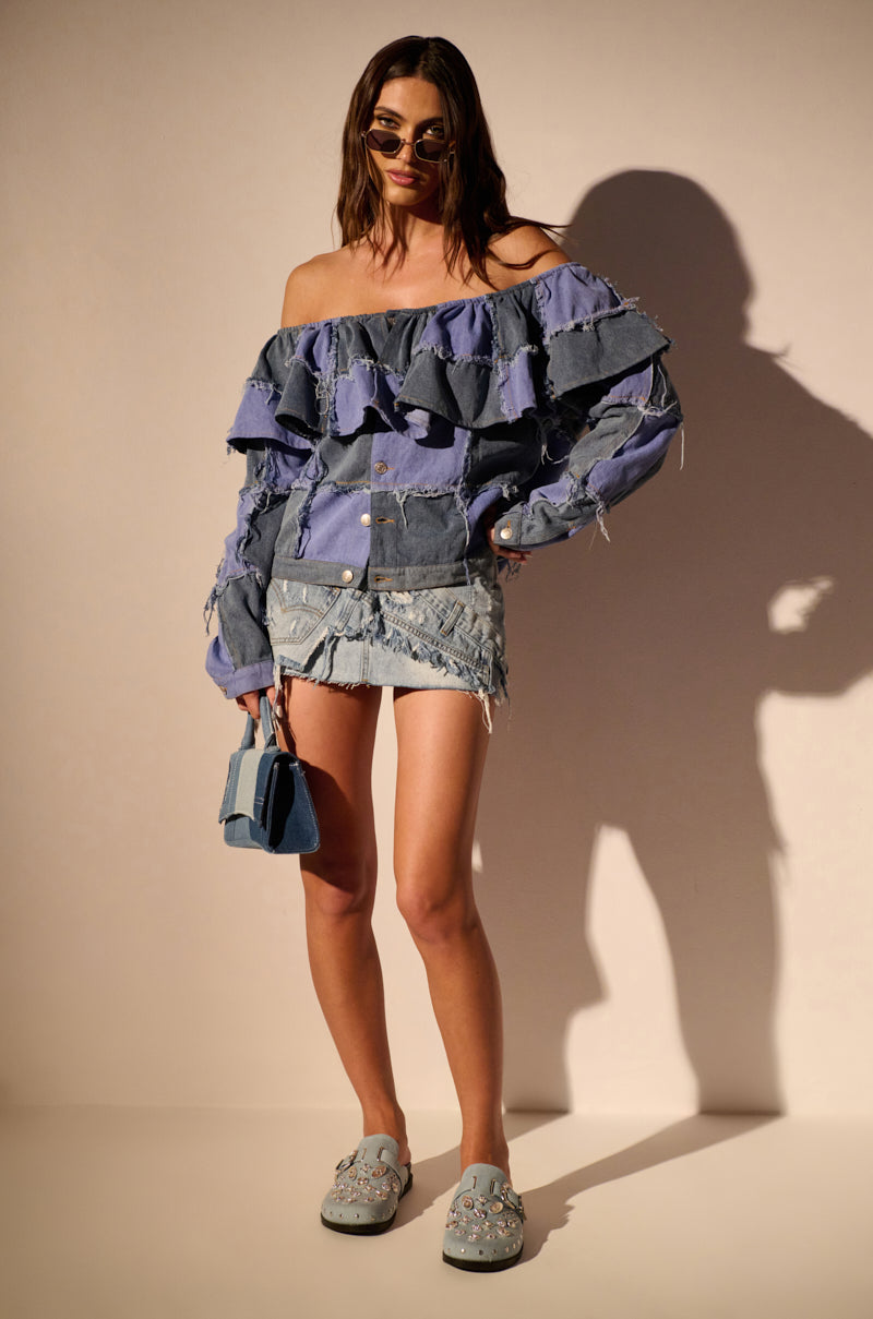 OFF SHOULDER PATCHWORK DENIM JACKET