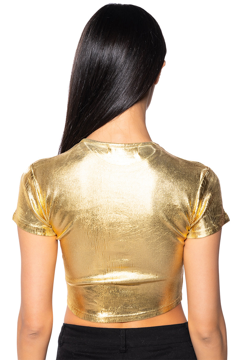 ARIES METALLIC RIB SHORT SLEEVE T SHIRT IN GOLD