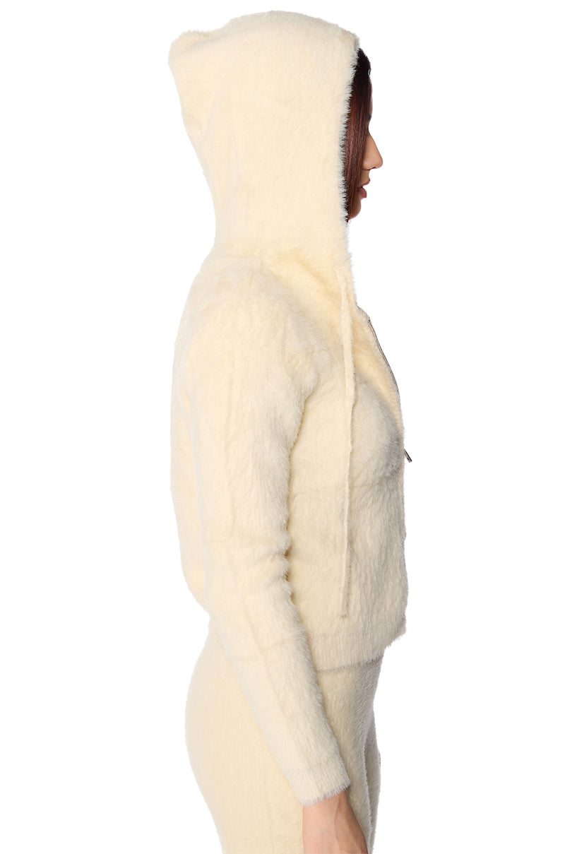 UNWIND FUZZY ZIP UP HOODED SWEATER