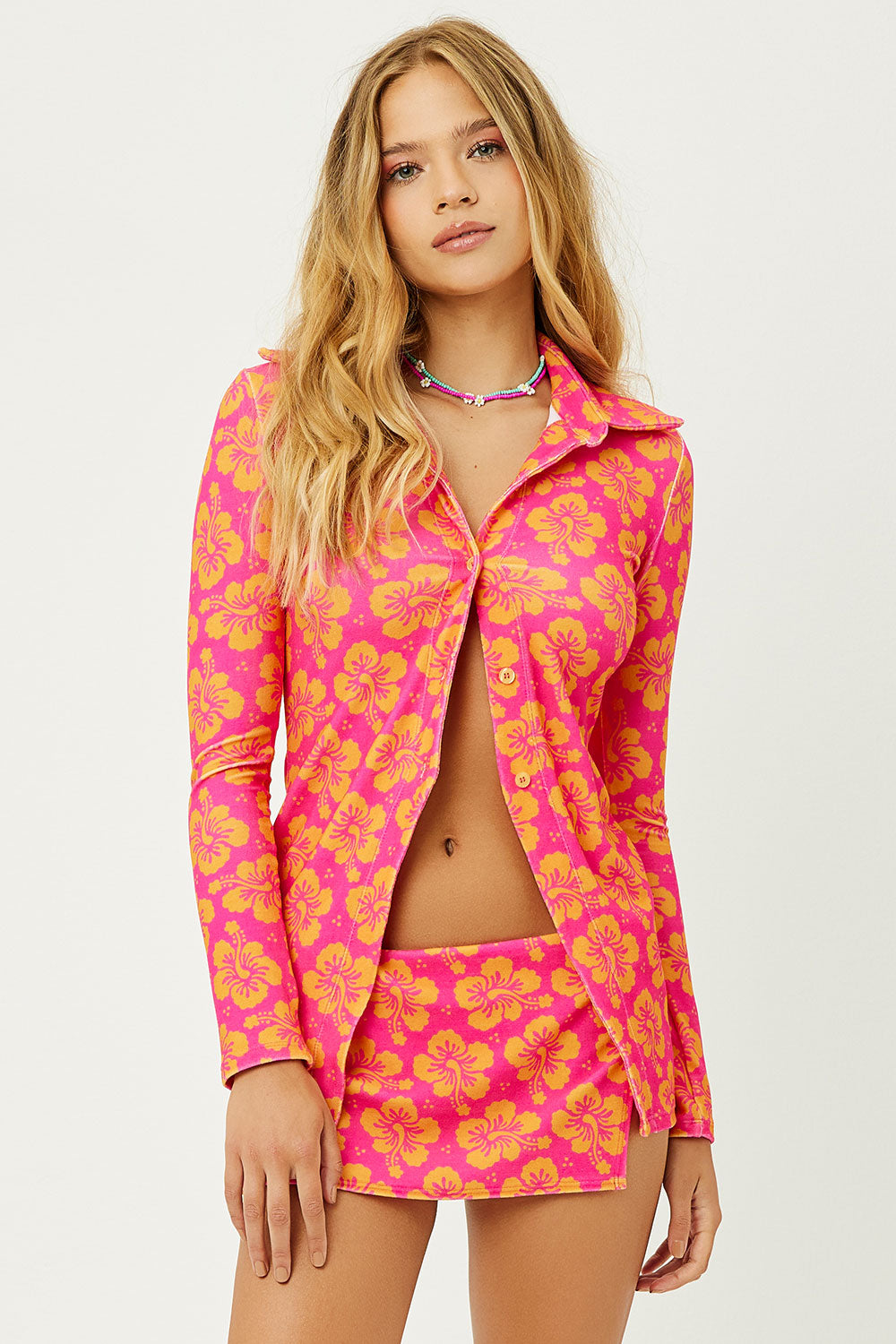 Nova Terry Floral Long Sleeve Button Up - Hibiscus Honey