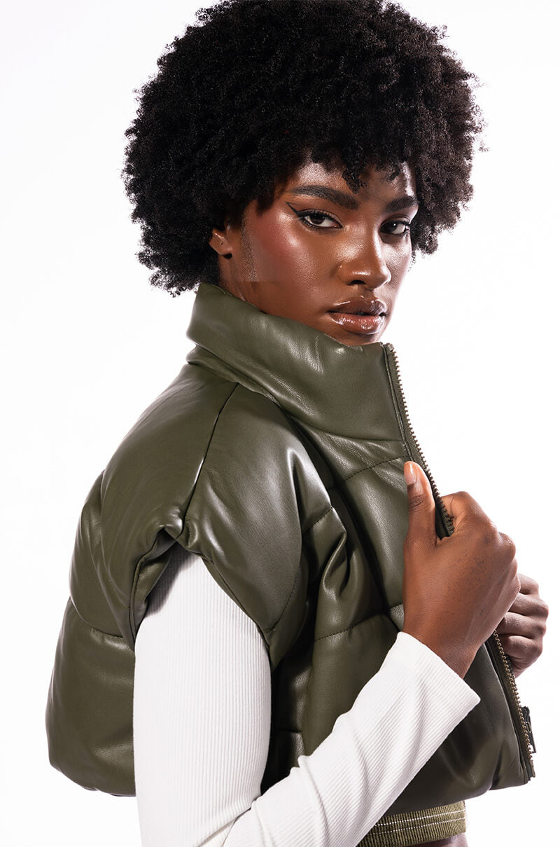 ULTRA CROP PU VEST WITH PULL STRINGS IN OLIVE