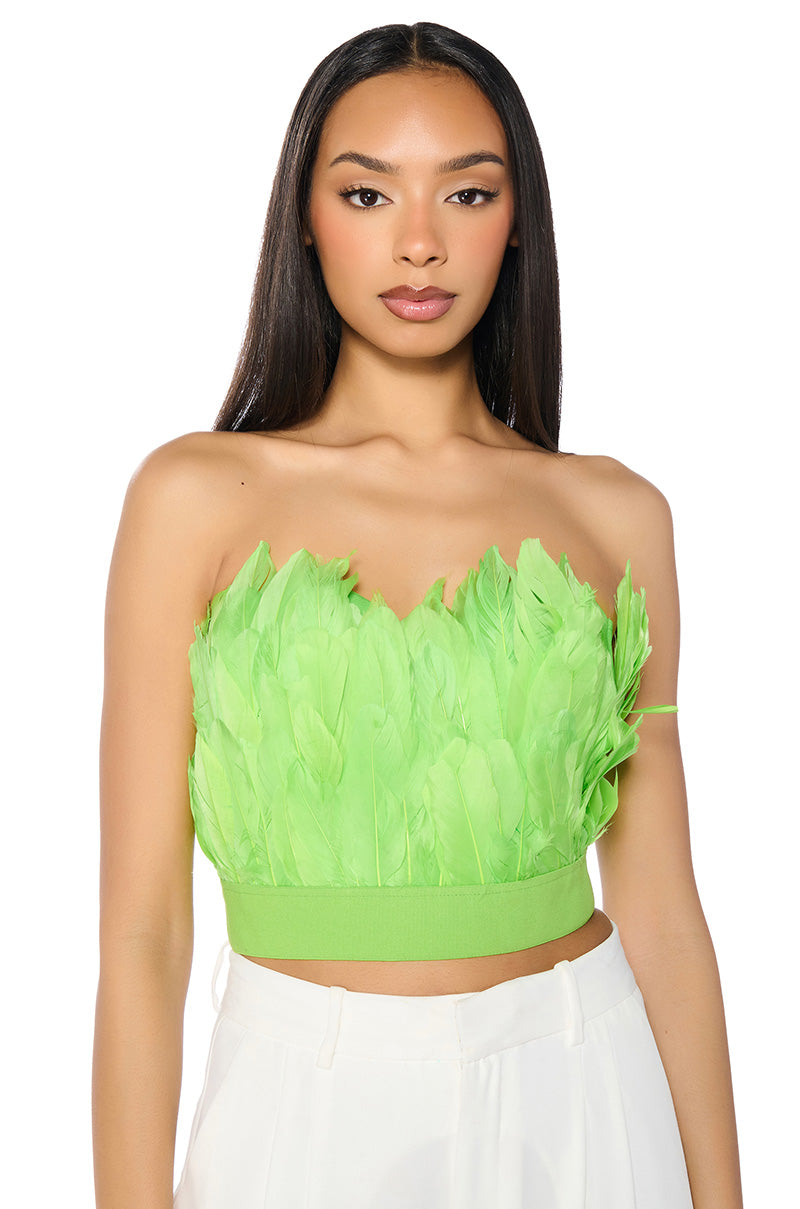 FLY AWAY FEATHER TUBE TOP IN NEON GREEN