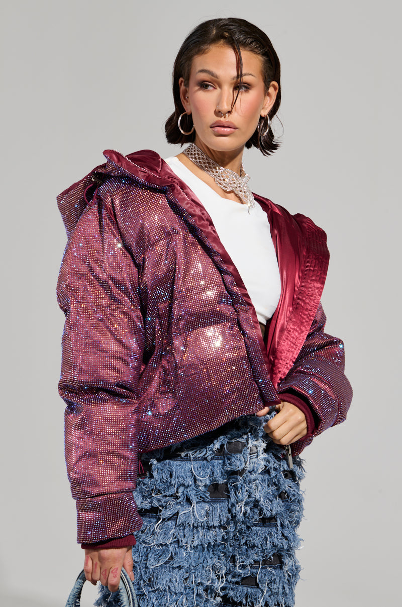 FAYE RHINESTONE PUFFER IN BURGUNDY