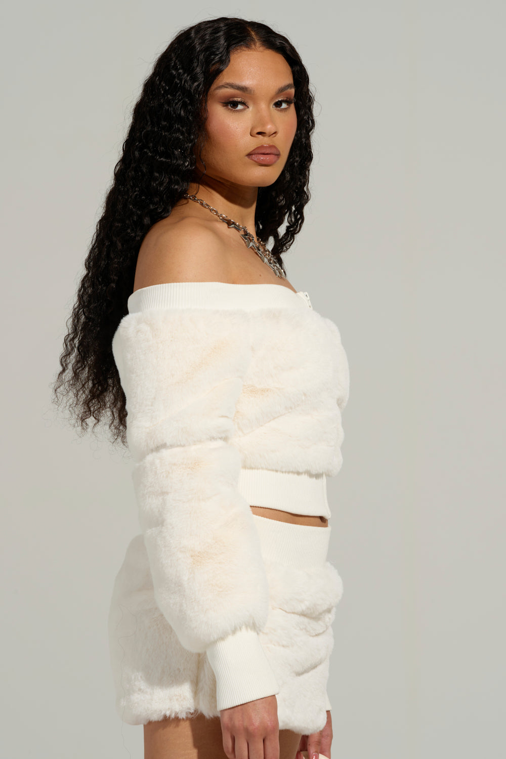 COLDEST WINTER OFF THE SHOULDER FUR TOP IN WHITE