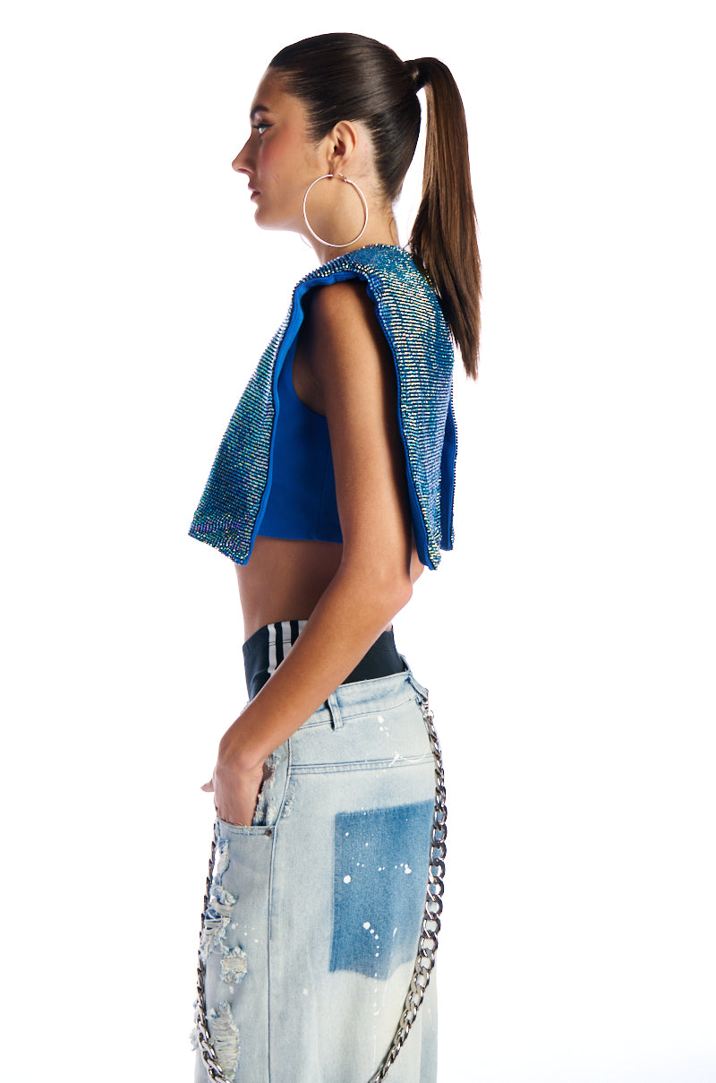 DISCO BABE SLEEVELESS RHINESTONE CROP TOP IN BLUE