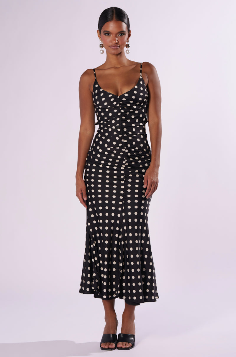 NANCY SATIN POLKA DOT MIDI DRESS