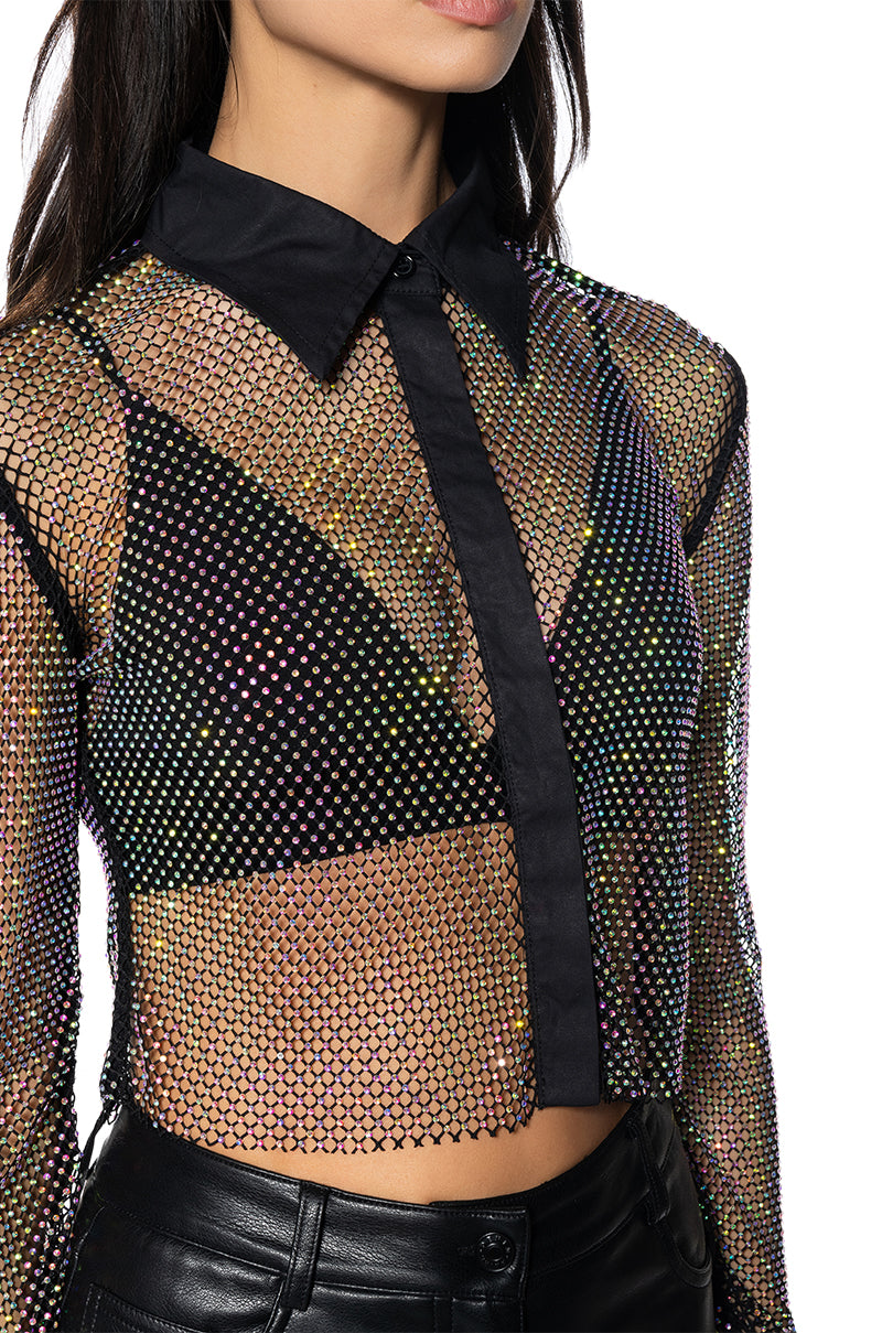 CLUB VIP RHINESTONE MESH BUTTON DOWN SHIRT