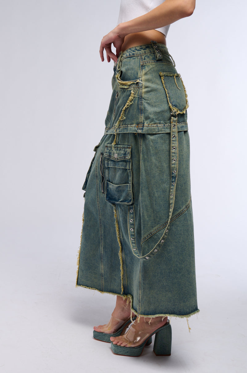 SAY IT AGAIN DISTRESSED MAXI DENIM SKIRT