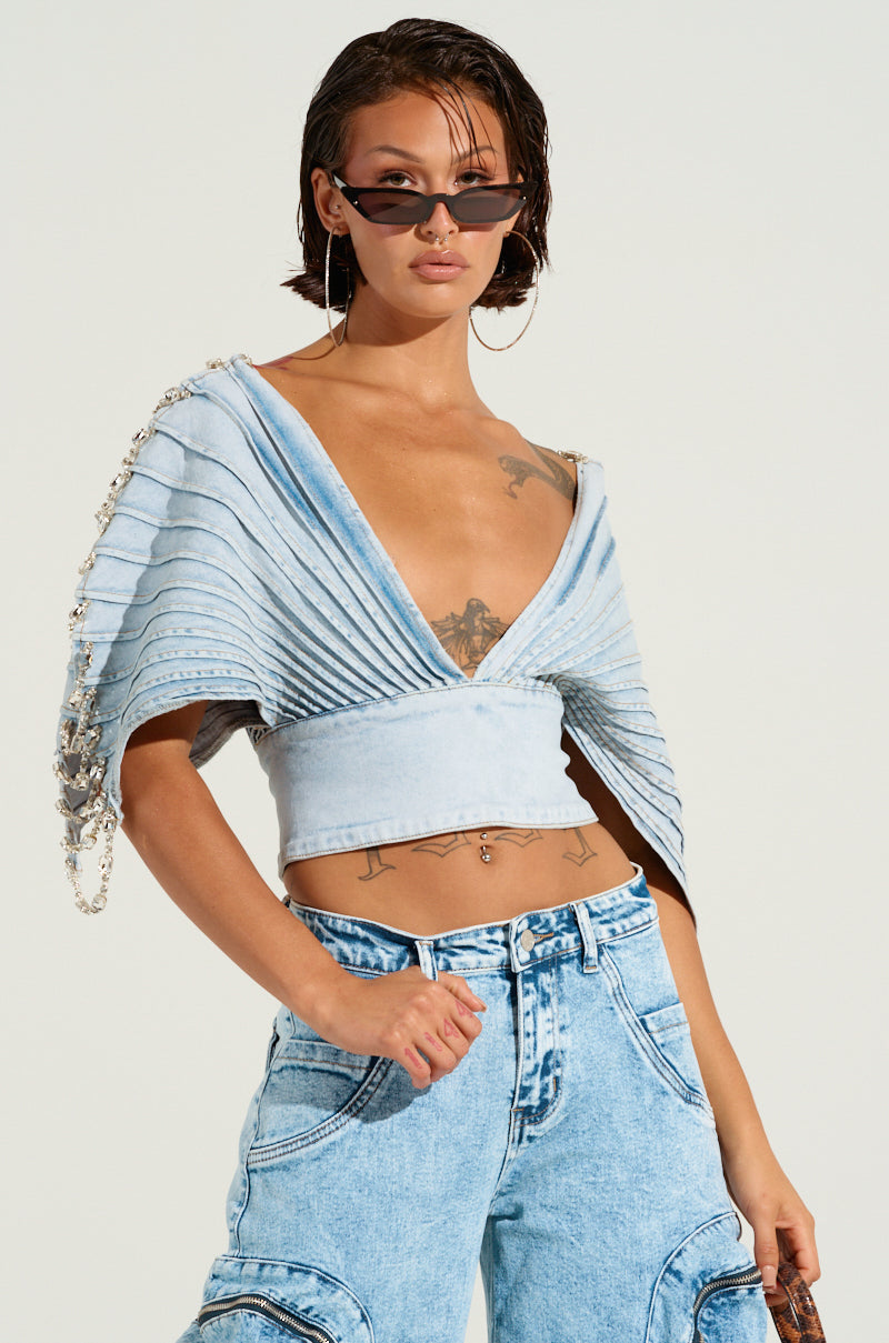 ASHLEE RHINESTONE ENCRUSTED DENIM TOP