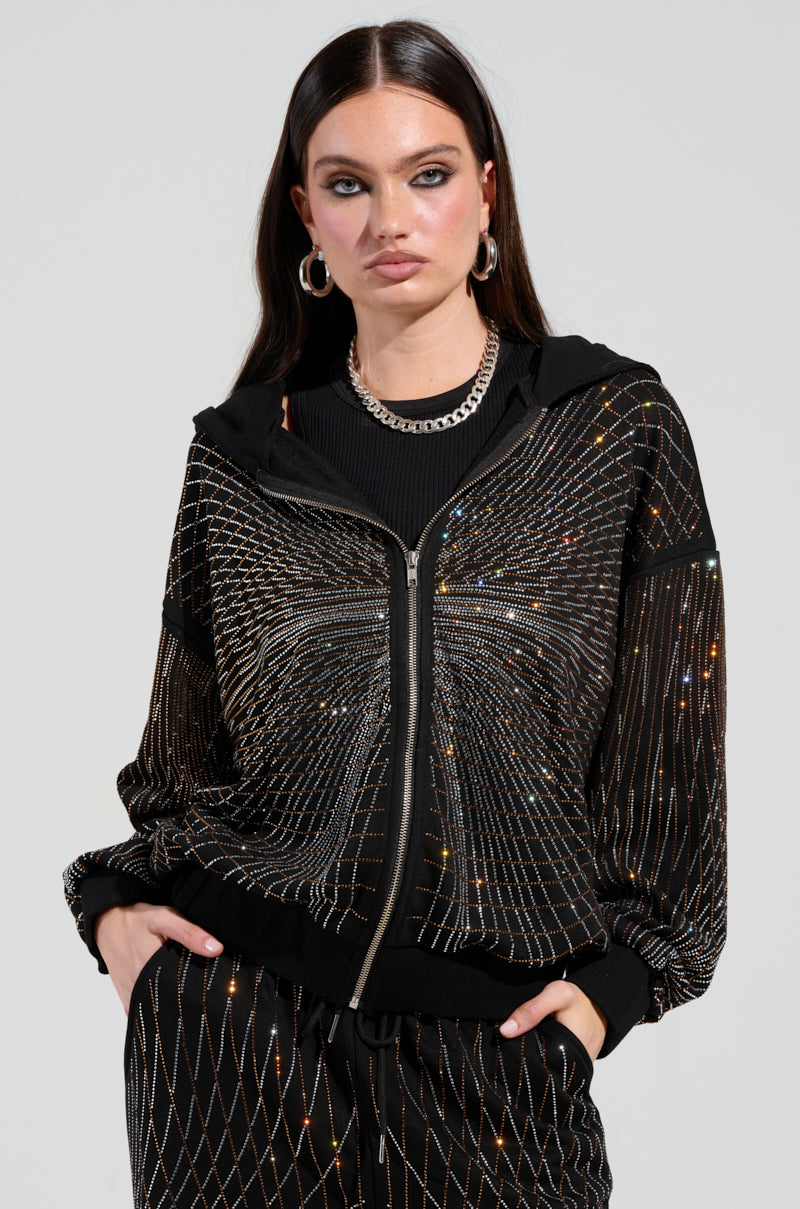 LIGHTS, CAMERA, ACTION! EMBELLISHED ZIP UP SWEATSHIRT