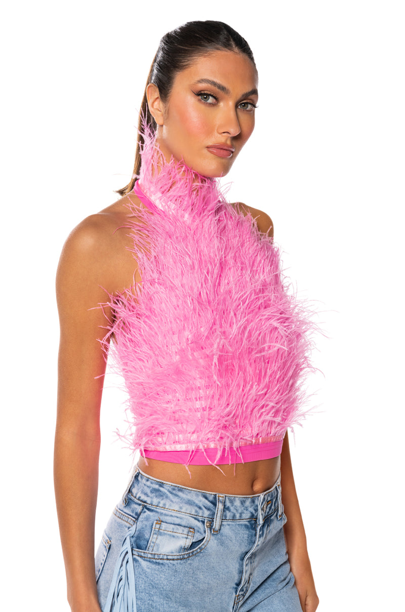 GENUINE OSTRICH FEATHER SLEEVELESS CROPPED HALTER BLOUSE