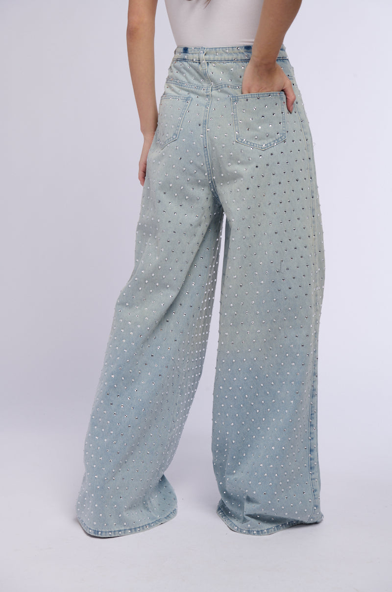 DAZZLED RHINESTONE STUDDED EXTRA LONG DENIM PANTS