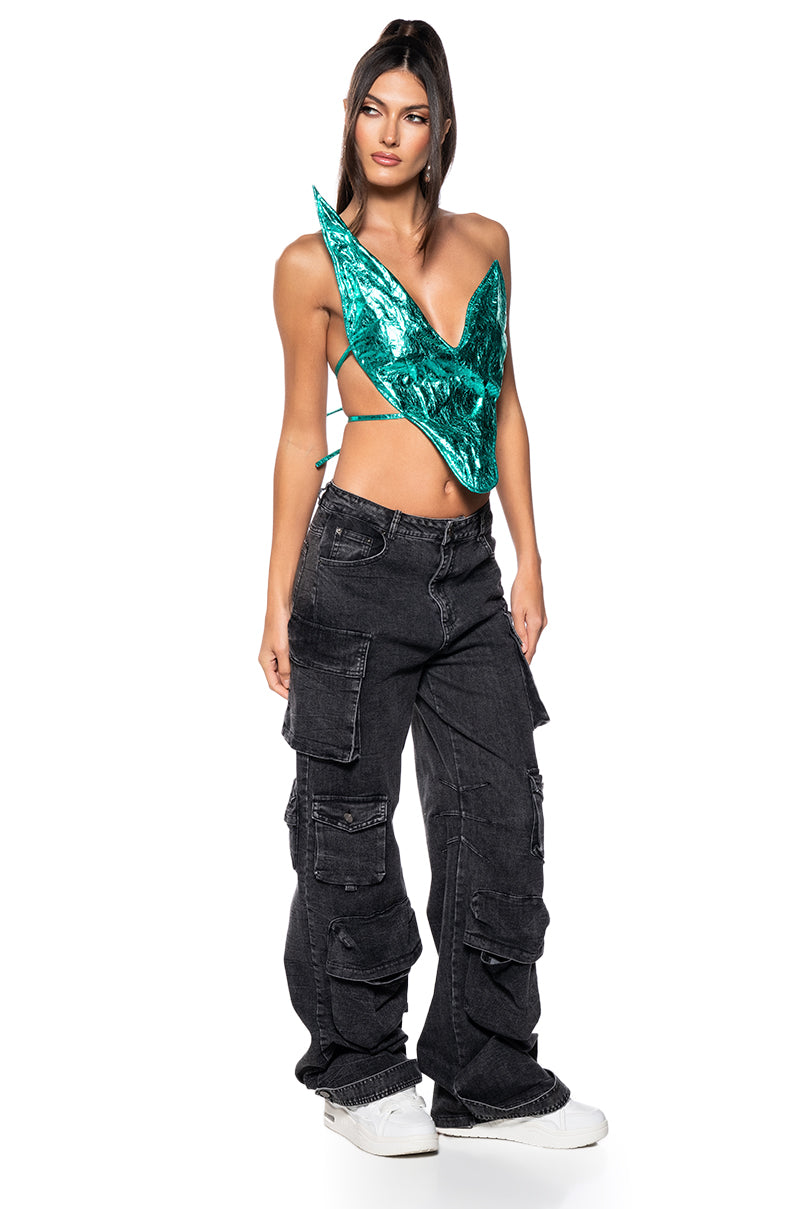 ALIEN SUPERSTAR DRAMATIC METALLIC HALTER TOP