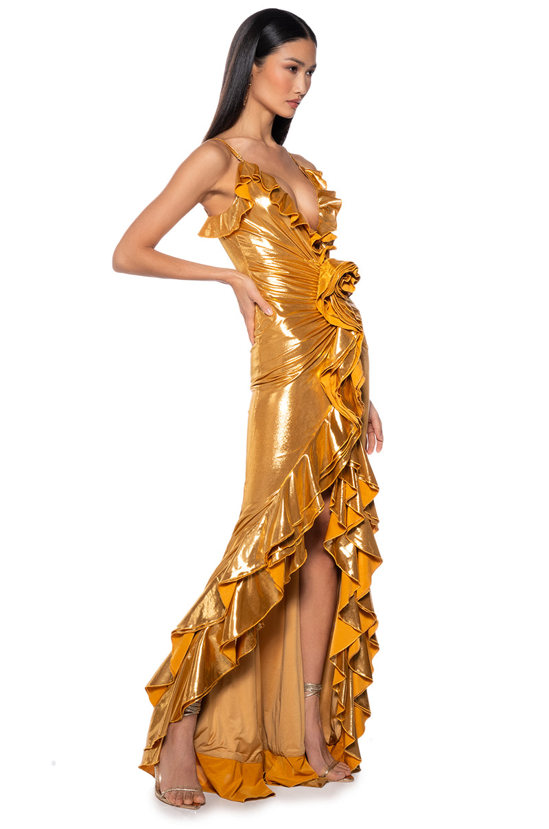 BELLE OF THE BALL METALLIC MAXI DRESS