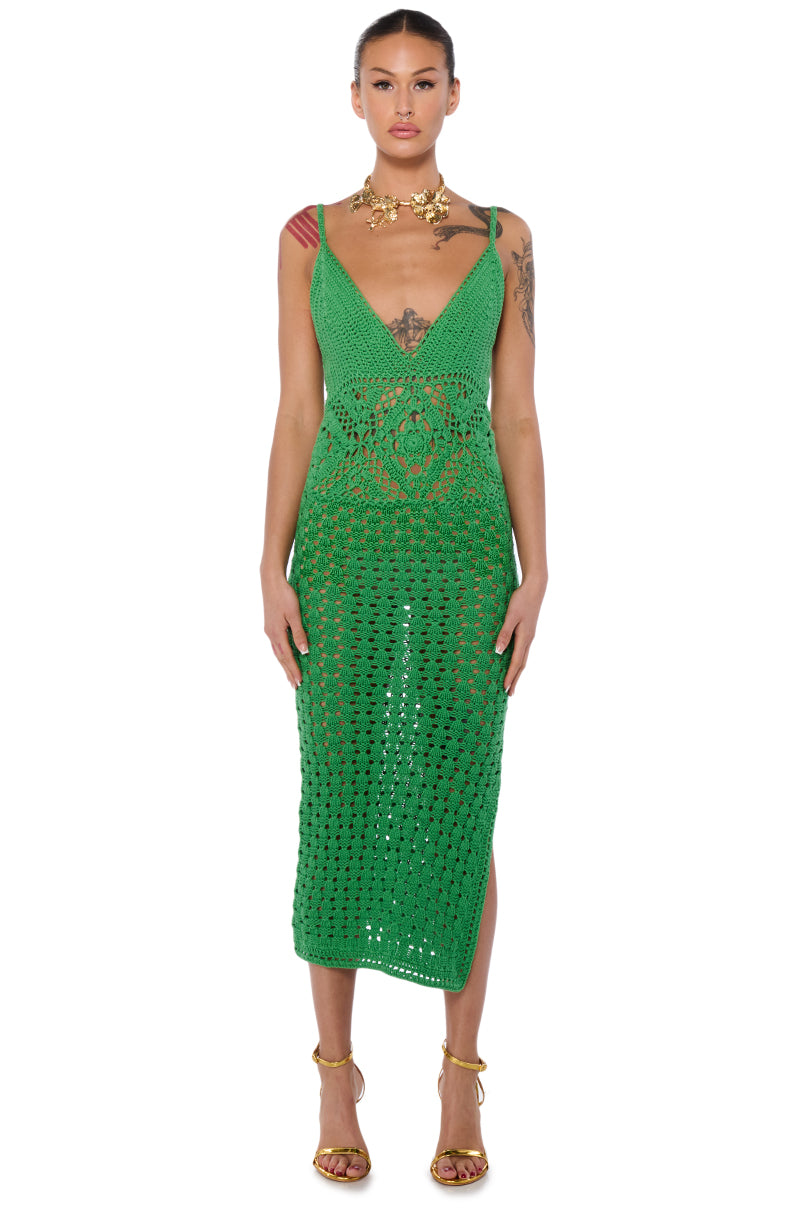 GREEN WITH ENVY CROCHET MIDI DRESS IN GREEN