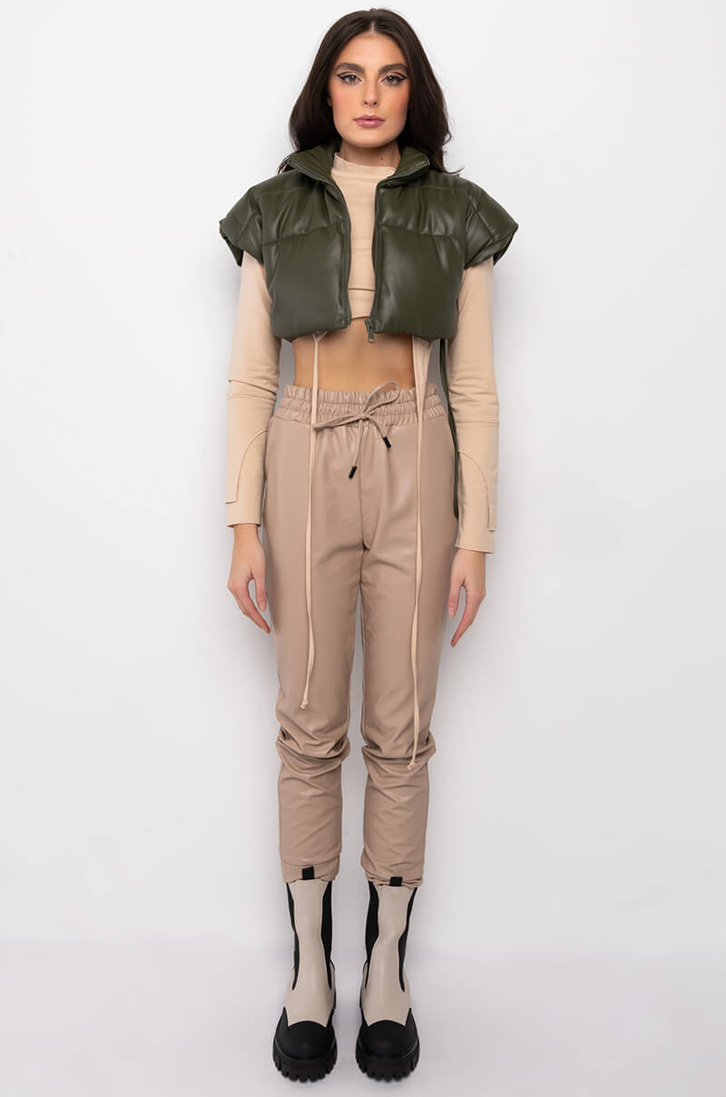 ULTRA CROP PU VEST WITH PULL STRINGS IN OLIVE