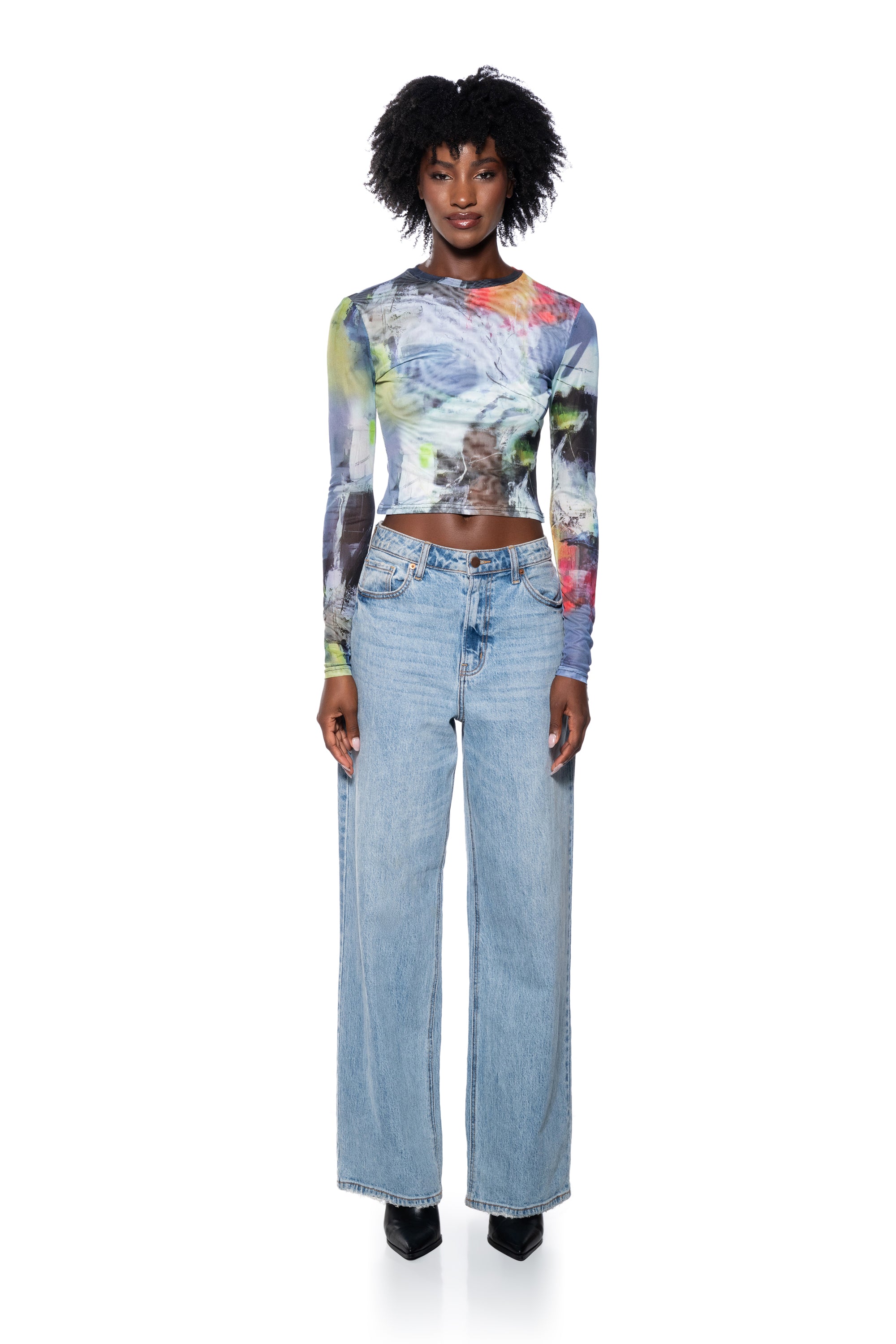 ABSTRACT ART LONG SLEEVE MESH TOP