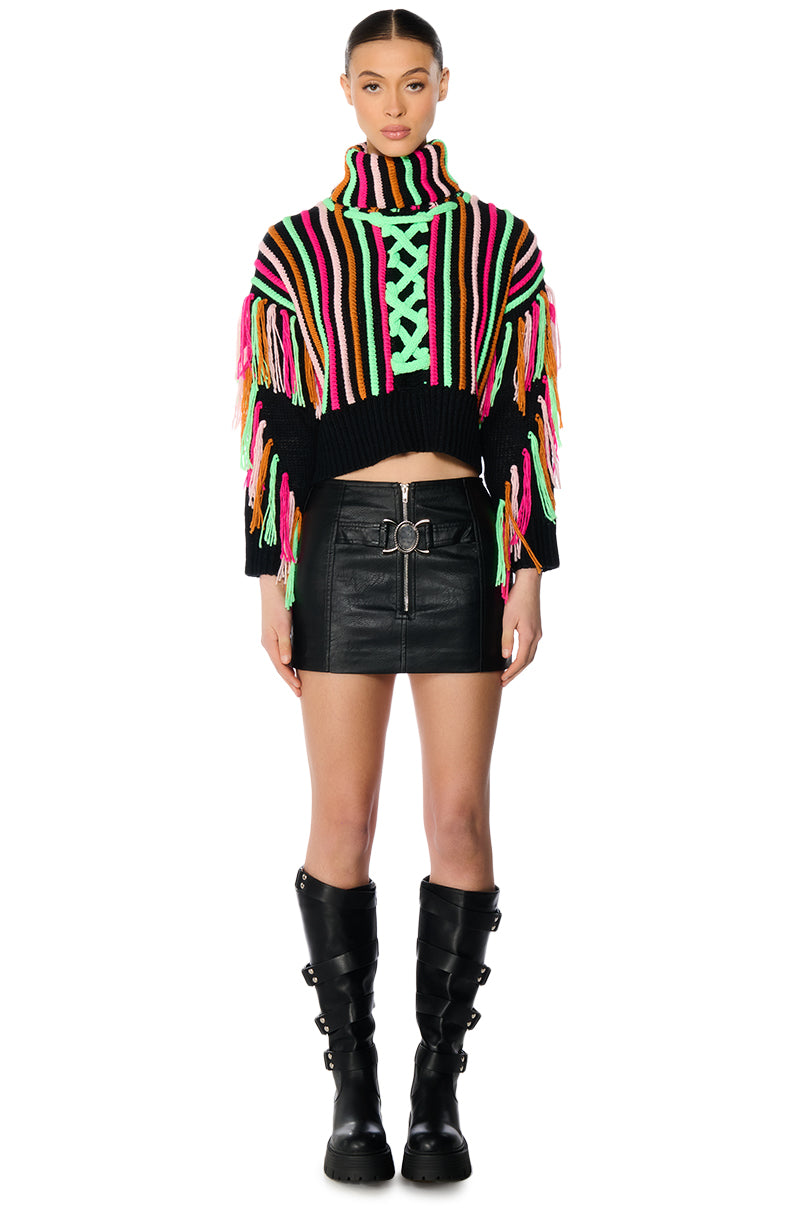 CHECK IT OUT LONG SLEEVE VIBRANT FRINGE DETAIL SWEATER