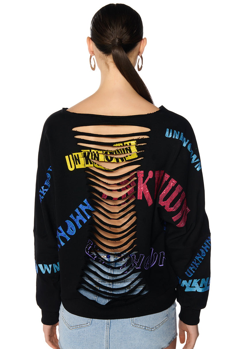 UNKNOWN VIBES DISTRESSED RHINESTONE EMBELLISHED SWEATSHIRT