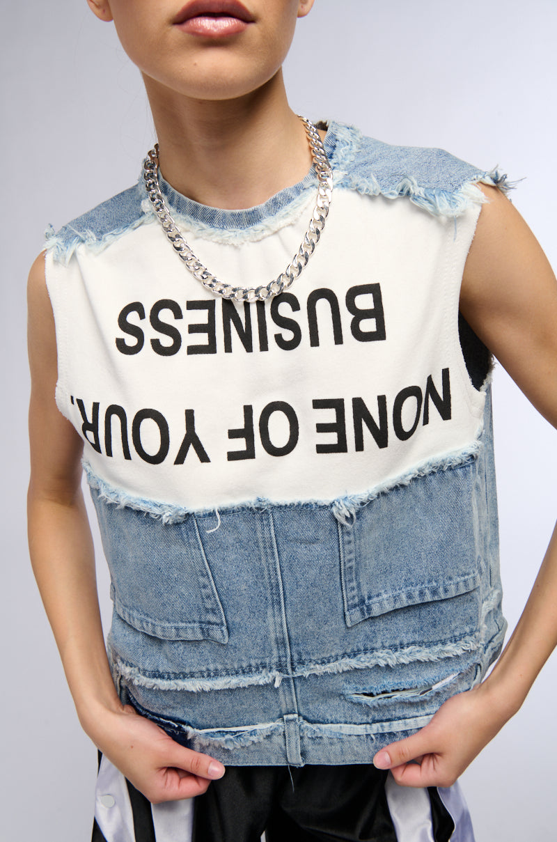 NONE OF YOUR BUSINESS SLEEVELESS DISTRESSED DENIM TOP