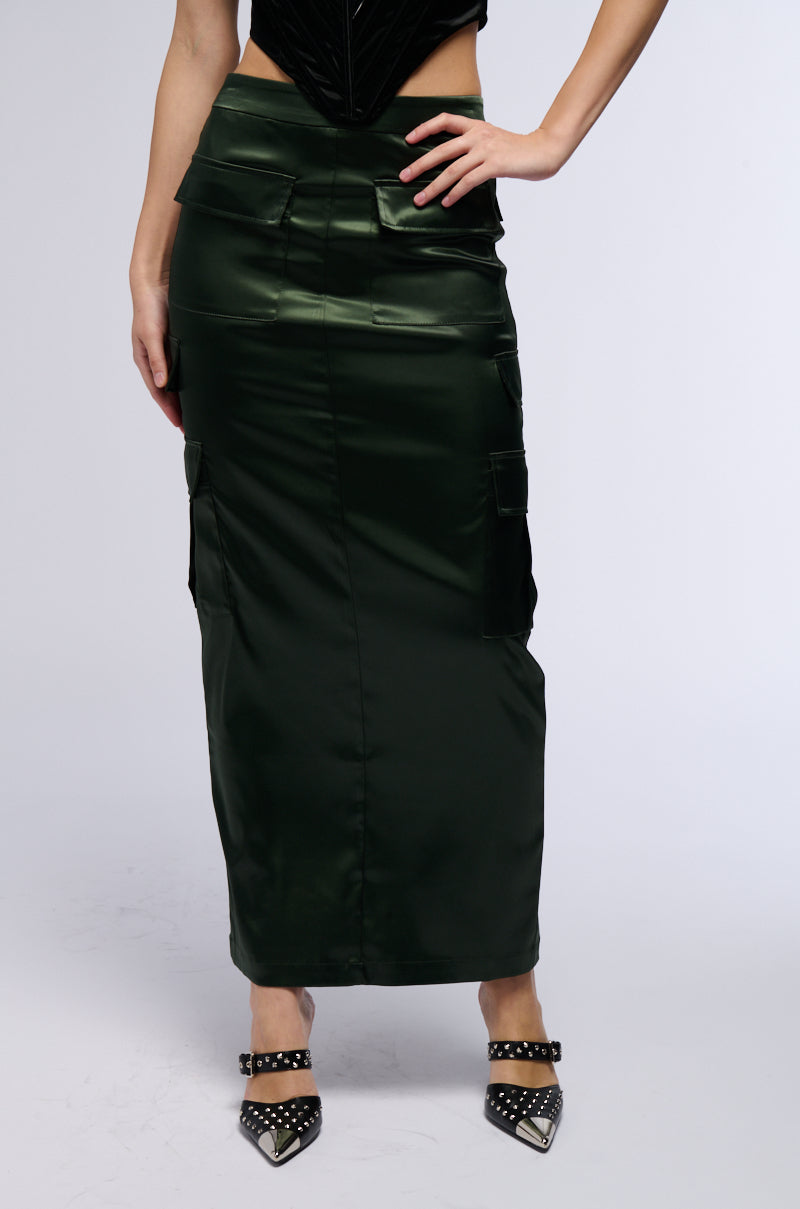 ALL IN SATIN CARGO POCKET MAXI SKIRT