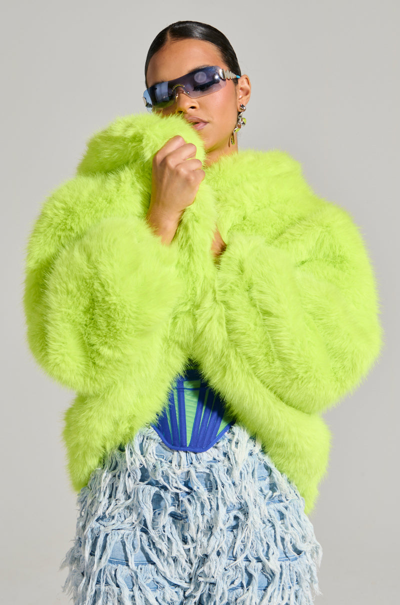 LANA HOODED FAUX FUR COAT IN LIME