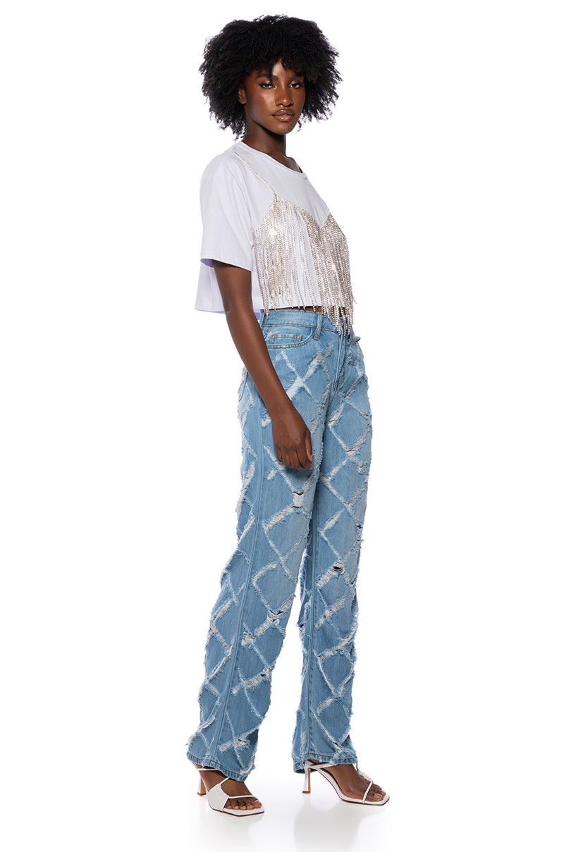 KIT CRISS CROSS DISTRESSED WIDE LEG JEANS