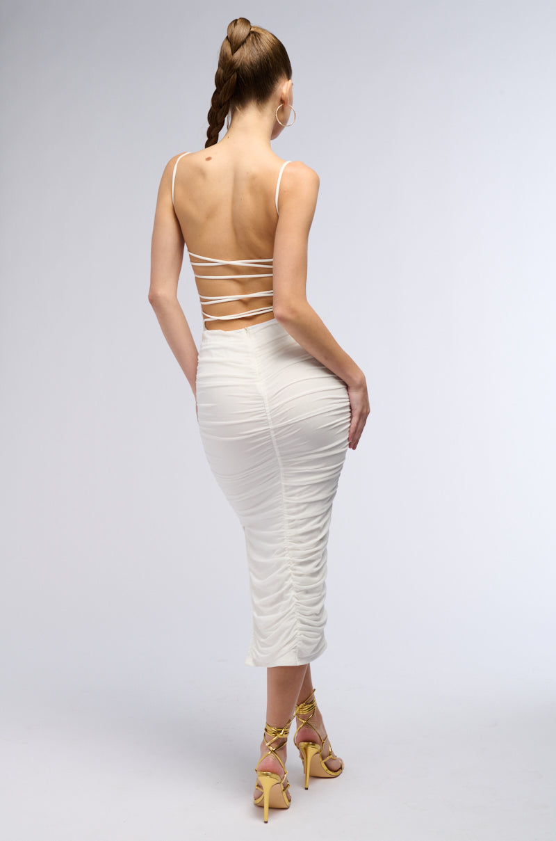 SAMANTHA STRAPPY BACK RUCHED MIDI DRESS