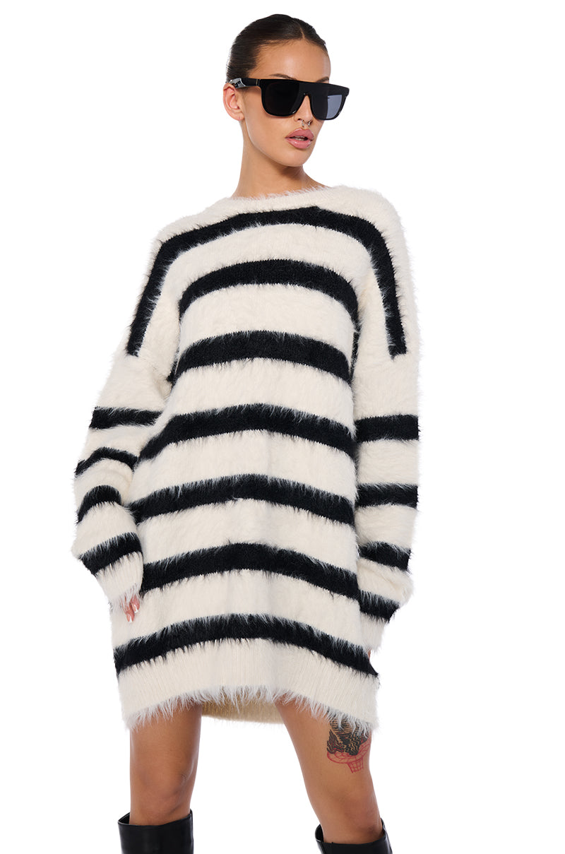 THE BEST TIME FUZZY OVERSIZED STRIPED SWEATER