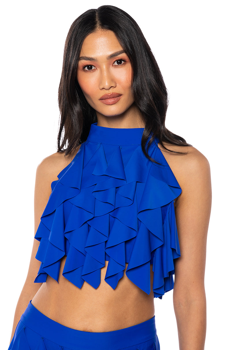 SERENITY RUFFLED HALTER NECK TOP IN BLUE