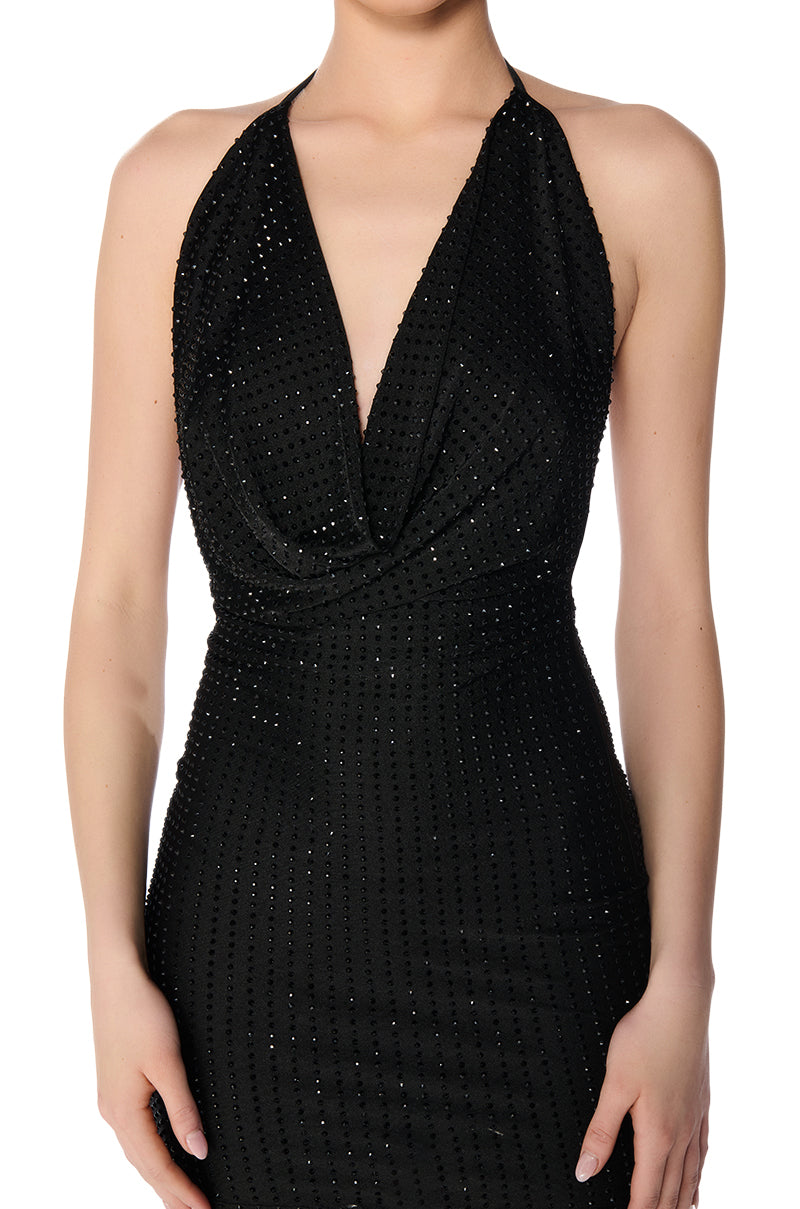 BRING IT EMBELLISHED COWL NECK MINI DRESS IN BLACK