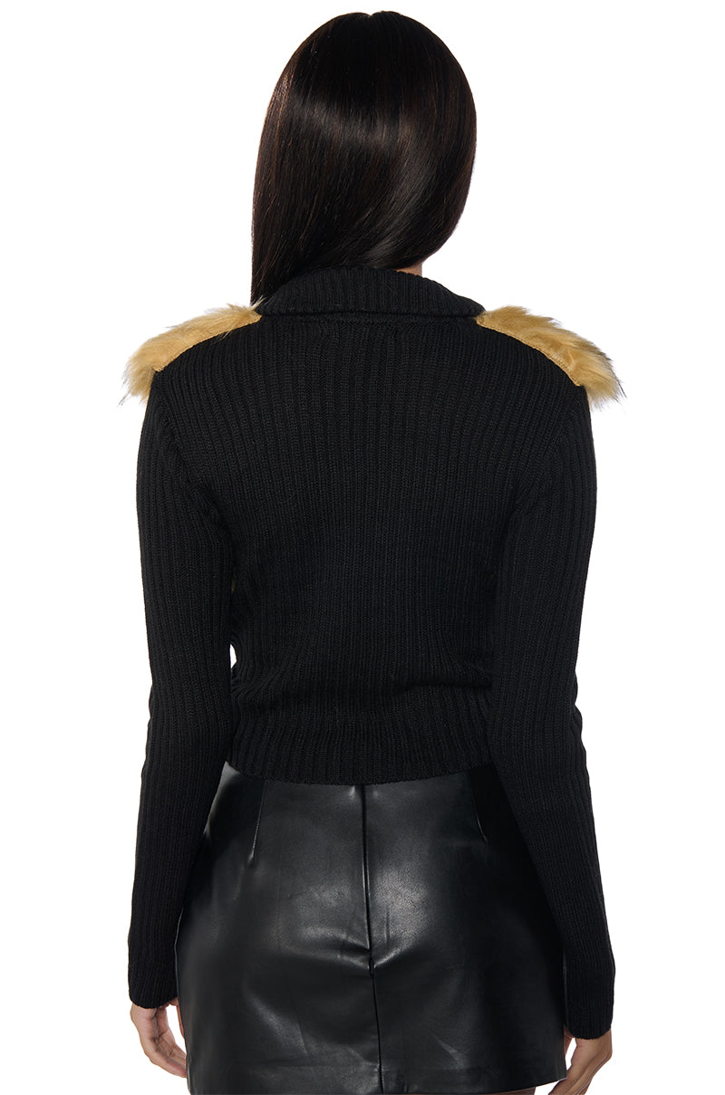 COLDEST WINTER ZIP UP FAUX FUR TRIM KNIT SWEATER IN BLACK MULTI