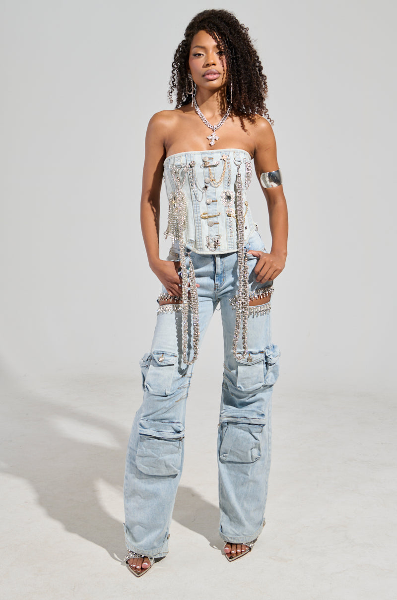 CALLING THE SHOTS CARGO DENIM WITH RHINESTONES