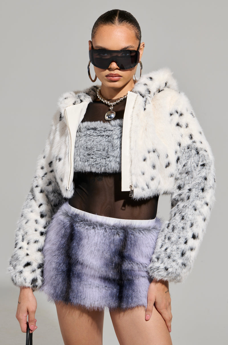 SNOW LEOPARD HOODED FUR BOMBER