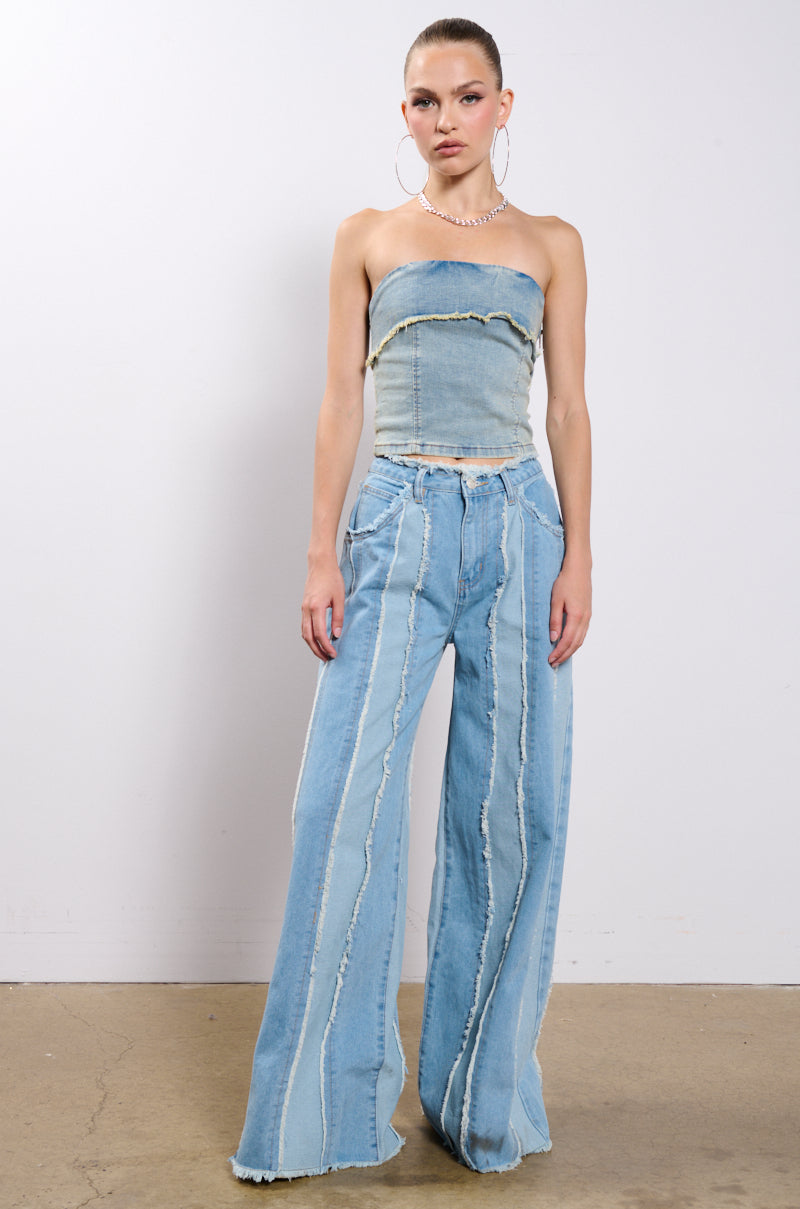 DONT NEED TO SLEEP DISTRESSED WIDE LEG DENIM PANT