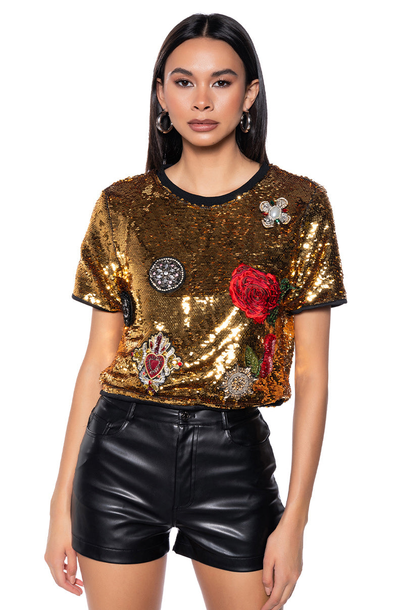 ESTRELLA SEQUIN PATCH DETAIL SHORT SLEEVE T SHIRT