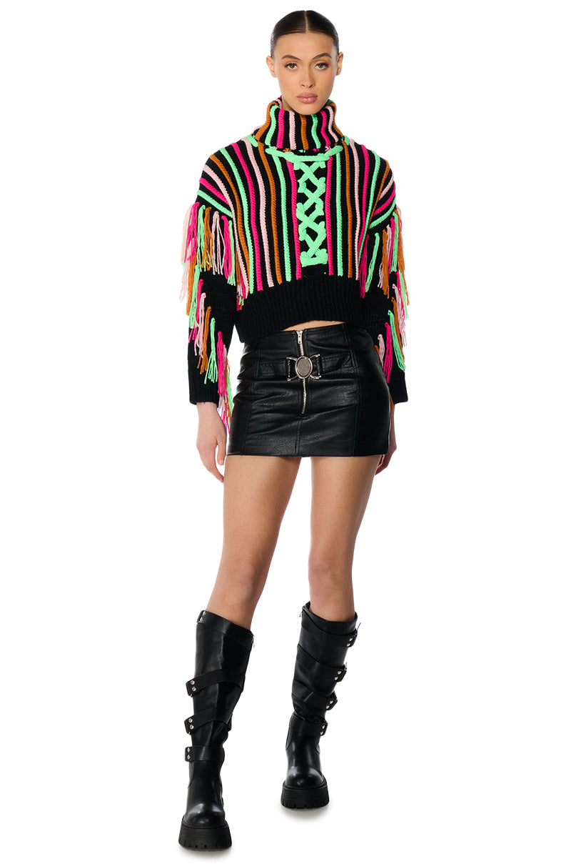 CHECK IT OUT LONG SLEEVE VIBRANT FRINGE DETAIL SWEATER