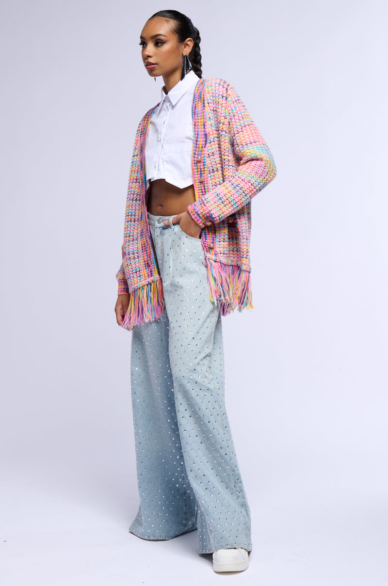 LOOKIN IN THE MIRROR MULTICOLOR FRINGE CARDIGAN