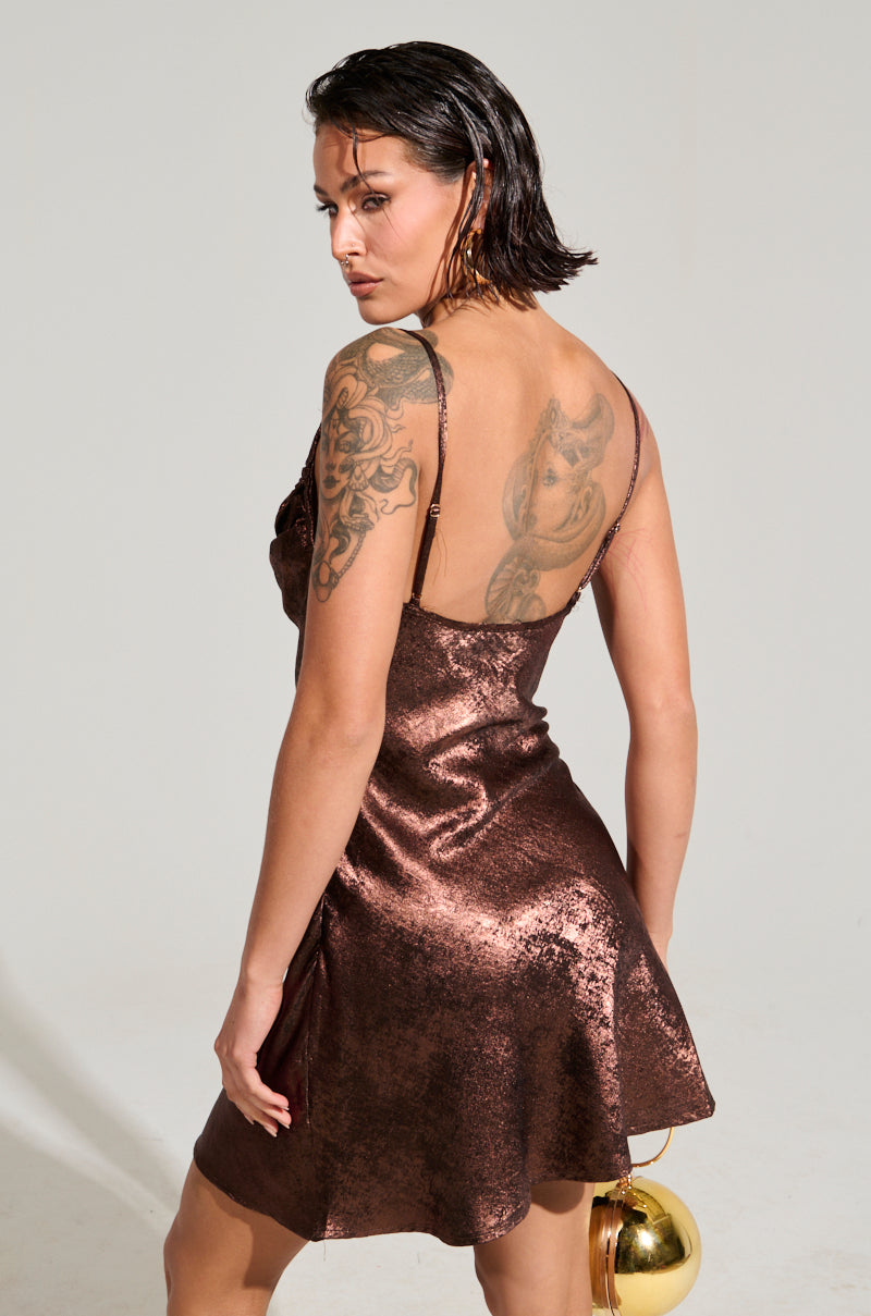 HOT SHOT COWL NECK MINI DRESS IN BROWN