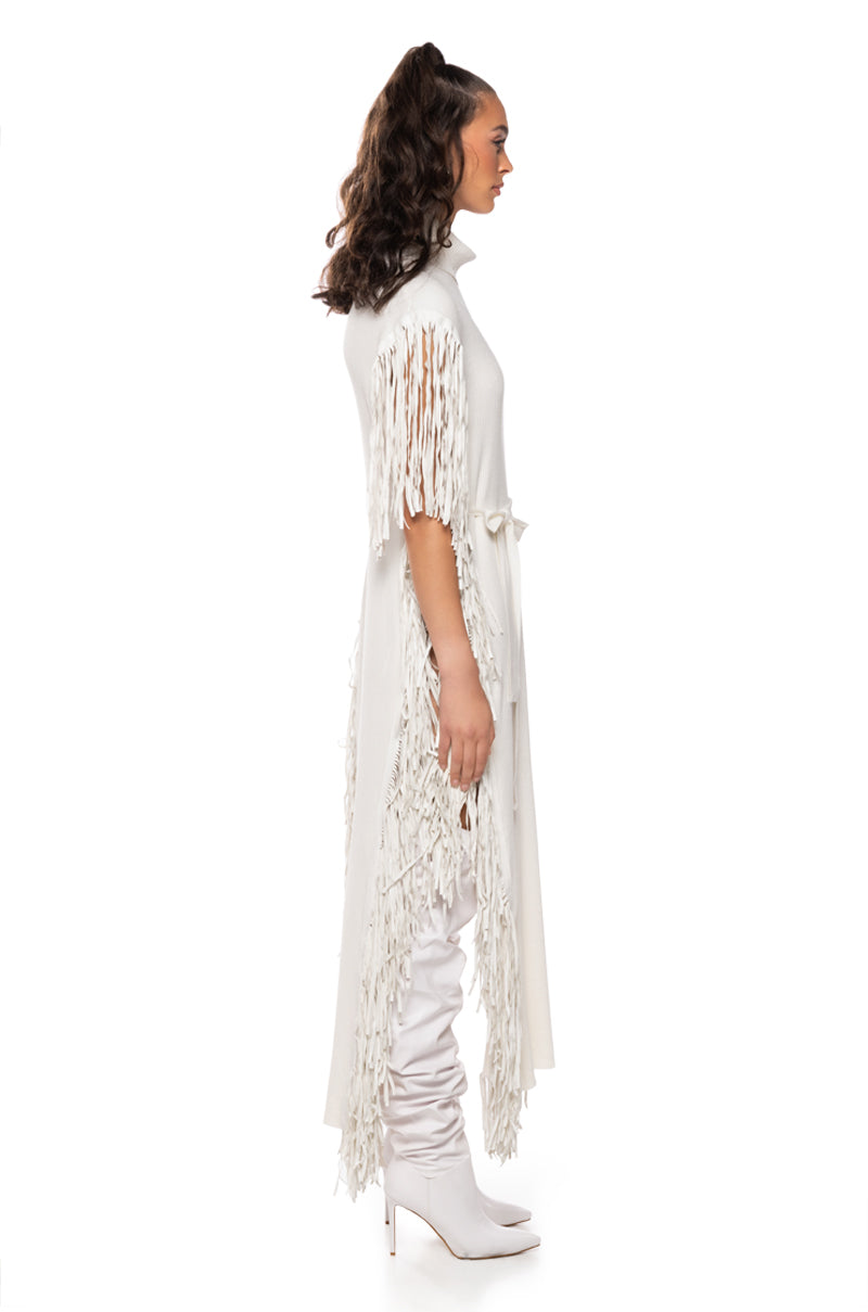 CHEYENNE FAUX LEATHER FRINGE BELTED SWEATER IN IVORY