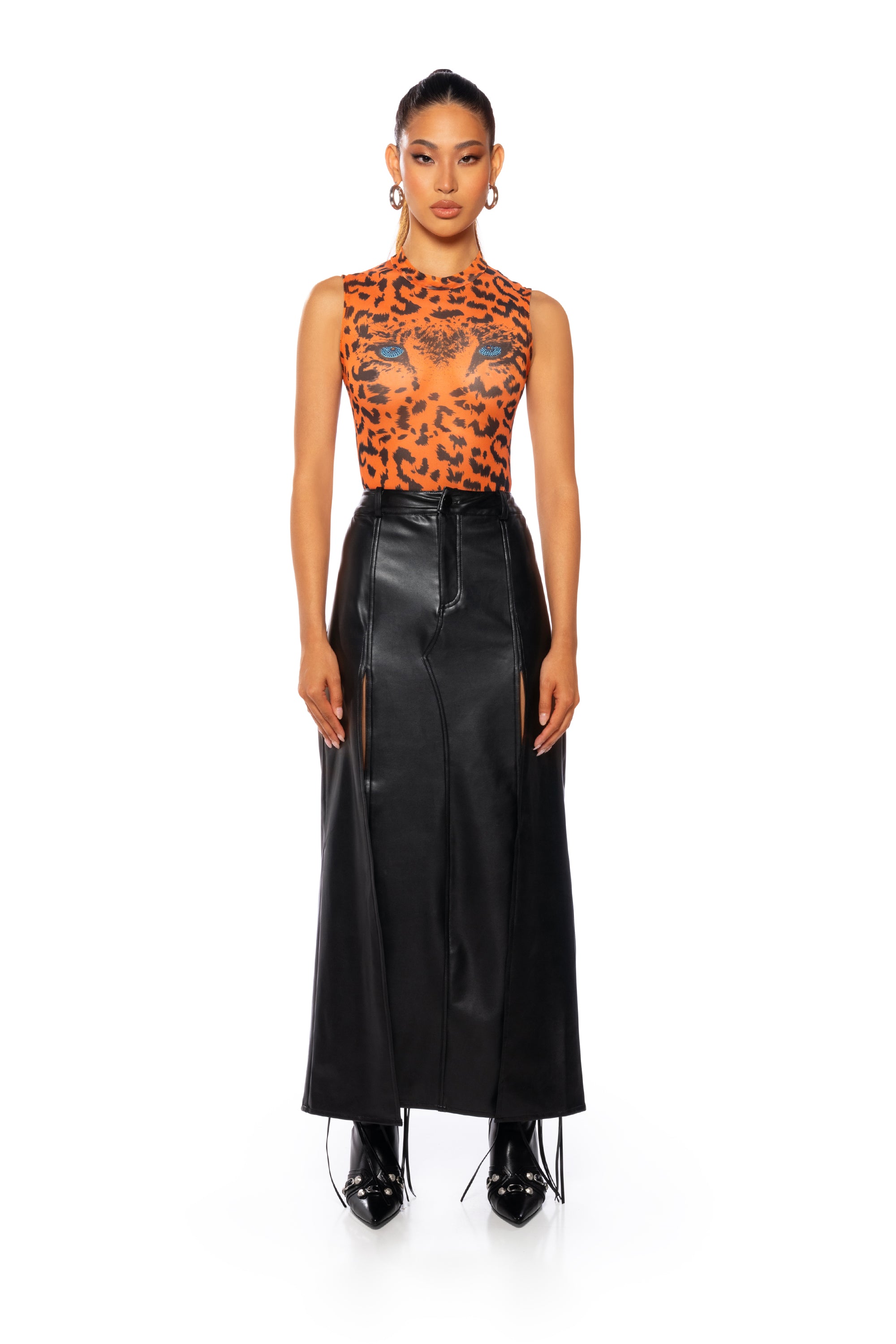 LEVEL UP MAXI FAUX LEATHER SKIRT WITH FRONT SLITS