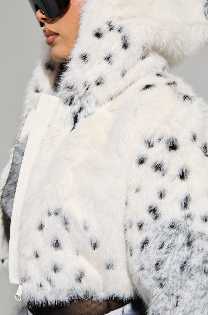 SNOW LEOPARD HOODED FUR BOMBER