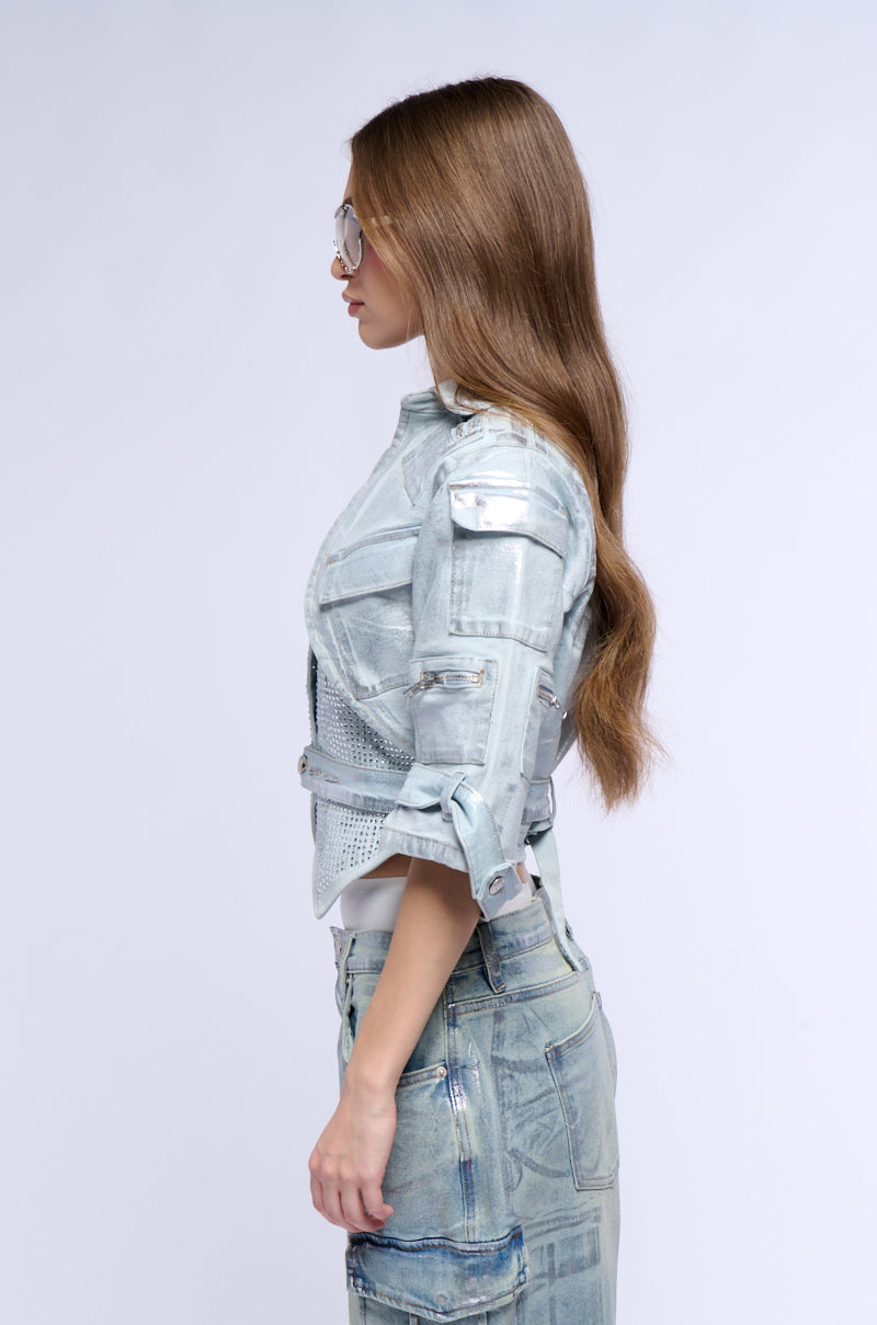 CARGO CROPPED CUT METALLIC DENIM JACKET