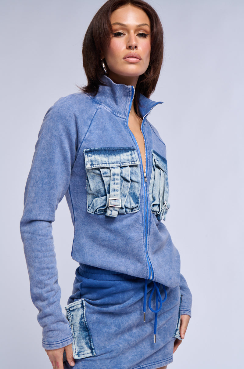 MISS POPULAR PATCH POCKET ZIP UP SWEATSHIRT