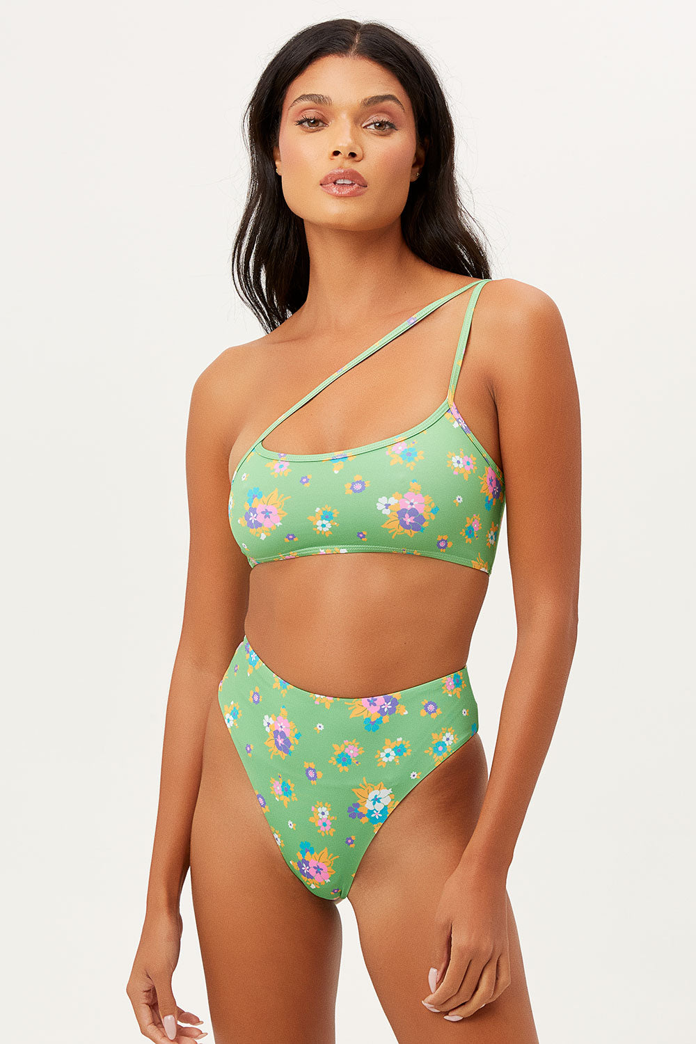 Jenna High Waist High Cut Bikini Bottom - Meadow