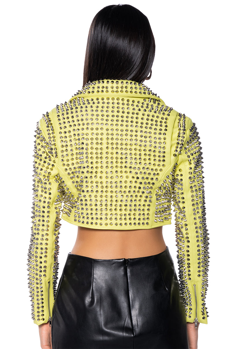 GAZETTE SULPHUR EDITION CROP MOTO JACKET WITH 3000 STUDS