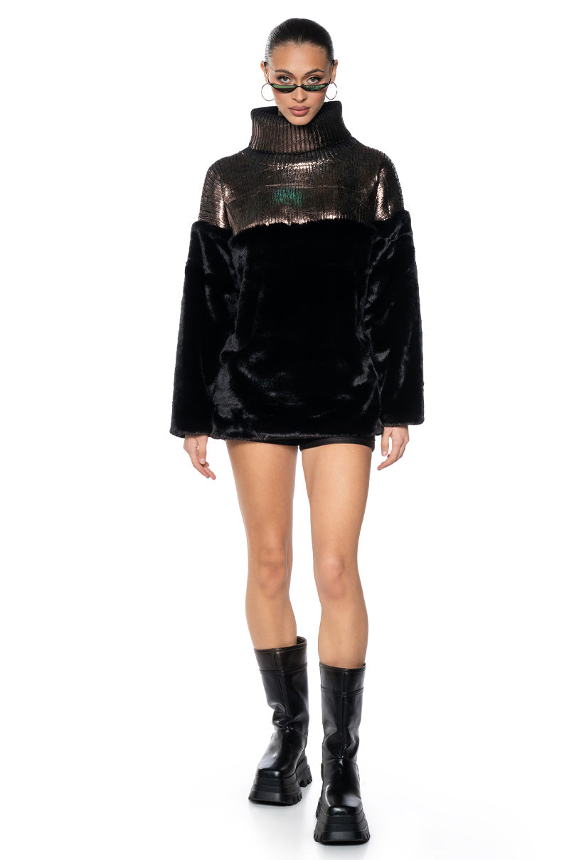 WARM AND CHIC FAUX FUR METALLIC TURTLENECK MINI DRESS