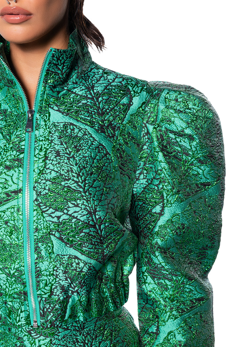 GREEN BROCADE PUFF SHOULDER BOMBER JACKET