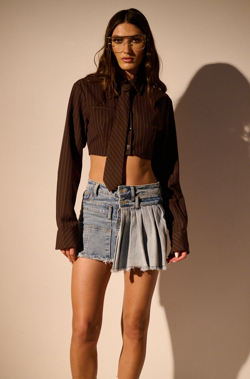 PLEATED OVERLAY ULTRA MINI DENIM SKIRT