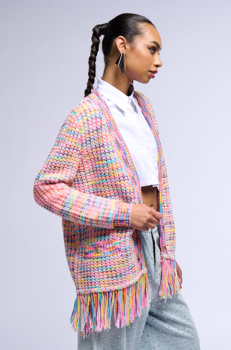 LOOKIN IN THE MIRROR MULTICOLOR FRINGE CARDIGAN